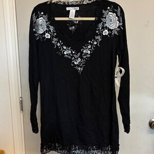 NWT Black Long Sleeve Top with Floral Embroidery